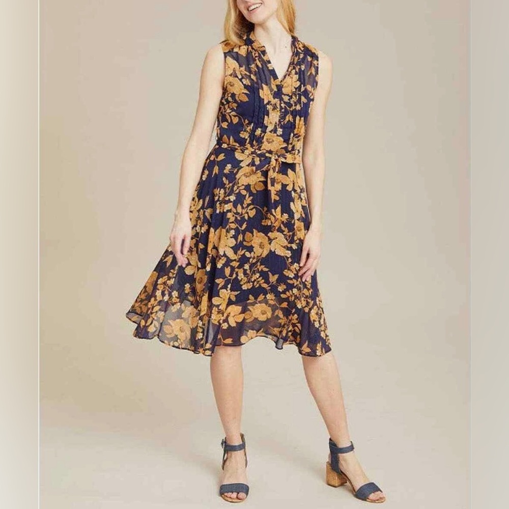 NWT Nanette Lepore Navy and Gold Sleeveless Tie-up Summer Dress Size 6
